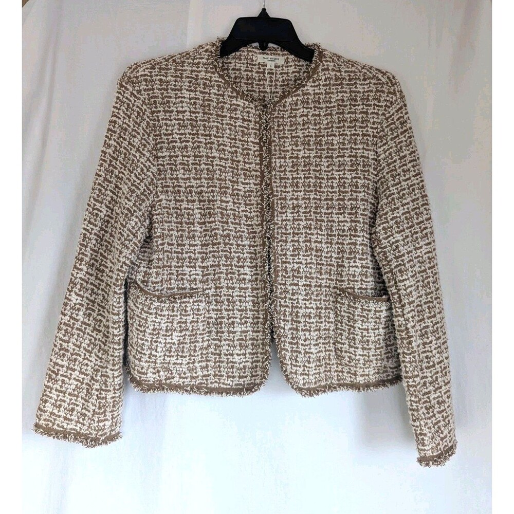 Max Studio London Womens L Tweed/Boucle Jacket Cardigan Ivory/Camel NWT $138